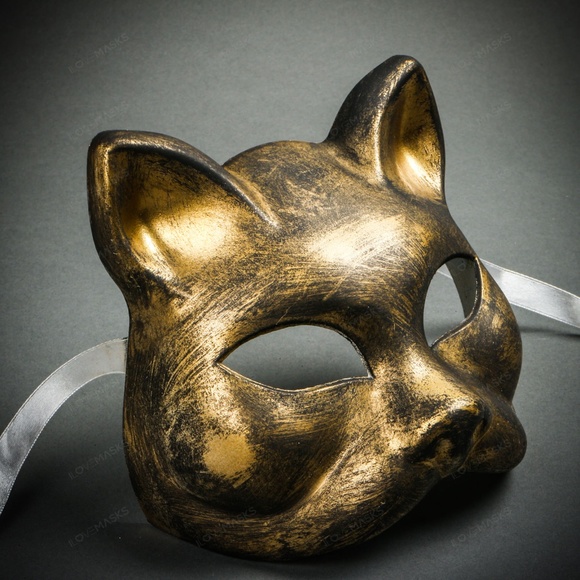 Black Venetian Gatto Cat Masquerade Wedding Party Face Mask with Brushed Gold - Picture 3 of 4